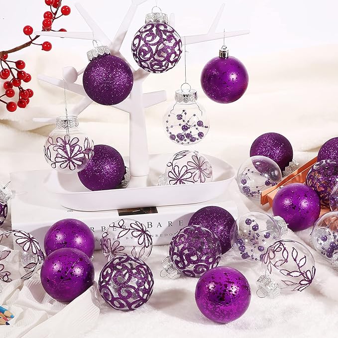 Clear Christmas Ornaments Set, 30ct 2.36inch Purple Shatterproof Christmas Ornaments Balls for Christmas Tree Delicate Stuffed Decorative Transparent Crystal Baubles for Xmas Halloween Wedding Party