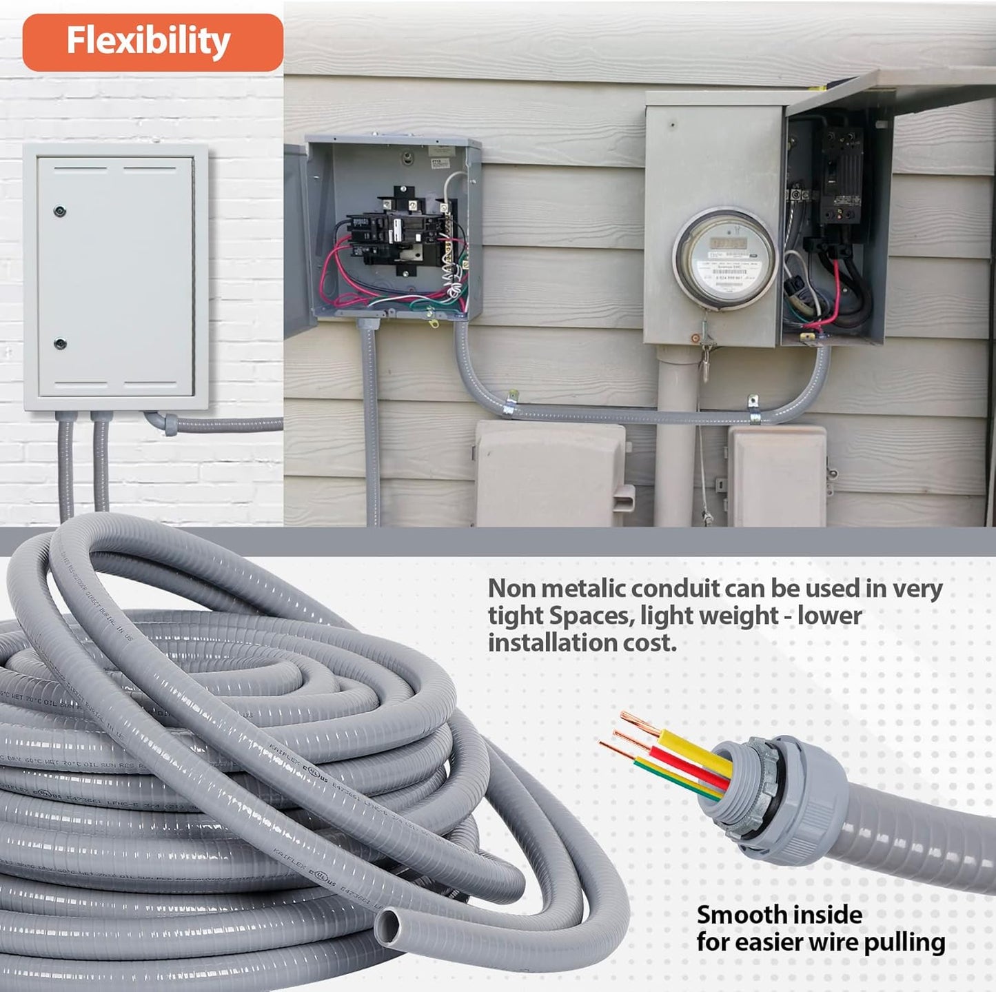 Liquid-Tight Conduit 100 ft and 10 Pieces of Connector Kit, Electrical Conduit 3/4 100ft w/UL Certification, Flexible Conduit with 5 Straight and 5 90-Degree Conduit Connector Fittings