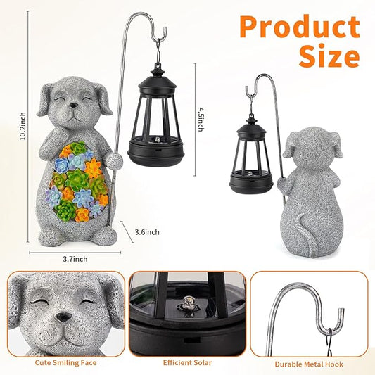 Solar Dog Garden Statue with Lantern – Waterproof Resin Outdoor Decor for Yard, Lawn, Flower Bed, Backyard, Front Yard, Patio, Balcony – Gift for Dog Lovers