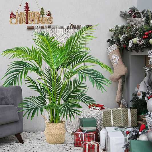 Worth Garden 4ft Artificial Areca Palm Plant 2 Packs in Pot, Fake Cane Palm Silk Tree Indoor Outdoor, Dypsis Lutescens, 47in Lifelike Faux Silk Plant Home Decor, Two Linen Bags Included