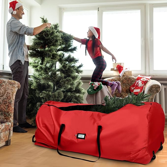 Holiday Cheer Christmas Tree Storage Bag with Wheels – Heavy Duty Christmas Tree Bag Fits Up to 7.5ft Tall Artificial Christmas Tree, Waterproof, Durable Handles & Zipper – Xmas Tree Storage Bag (Red)