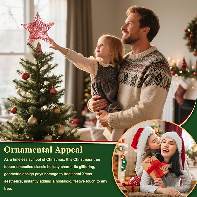 Christmas Tree Topper, 10" Glittering Xmas Star Treetop for Holiday Indoor Ornament Christmas Tree Decoration(Red)