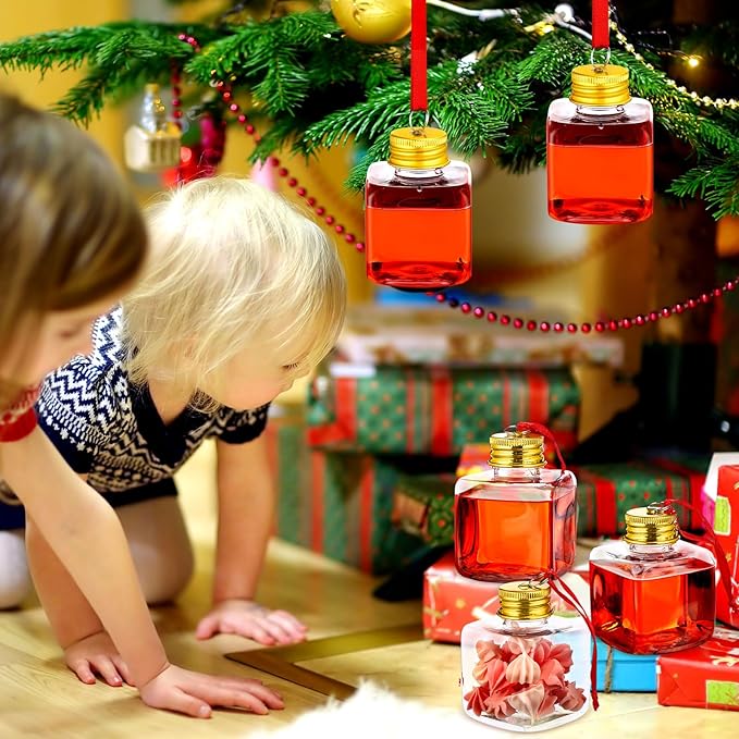 Patelai 18 Pcs Christmas Drink Balls Clear Shot Glass Ornaments Xmas Tree Fillable Ornaments Plastic Xmas Water Bottle Bulbs for Holiday Party Decorations(Square,50 ml)