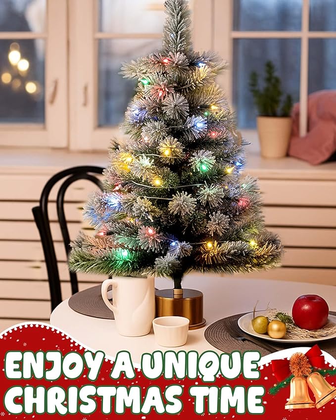 2ft Rotating Snow Flocked Tabletop Christmas Tree with Light and Music, 360° Spinning Mini Pre-lit Xmas Tree with Base Christmas Decor for Small Space Home Office Desk Holiday Gift
