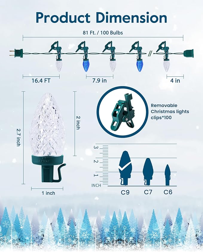 C9 LED Christmas Lights Outdoor with 100 Spring Clips, 81FT 100 LED C9 String Lights Waterproof Connectable for Outside Roofline Patio House Yard Windows Outdoor Christmas Decorations, Blue White