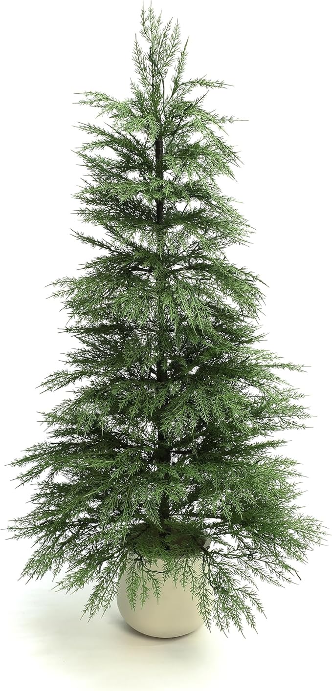 LuxenHome 4.5FT Small Christmas Tree, Potted Slim Artificial Christmas Trees with 100 Warm White LED Lights, Realistic Cedar Prelit Xmas Trees with White Planter Pot for Holiday Display