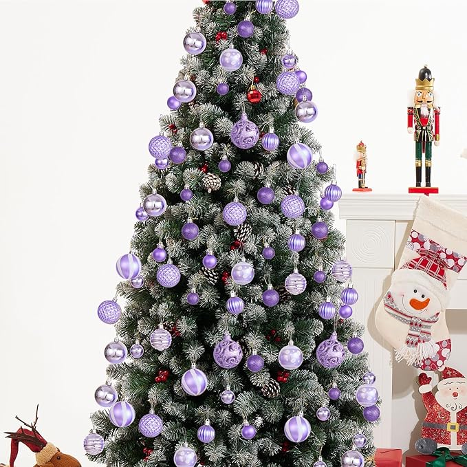 100PCS Christmas Ball Ornaments, Assorted Shatterproof Christmas Tree Decorations, Seasonal Decorative Hanging Baubles Decor Set for Xmas/Holiday/Party, Glitter&Painting Ornament Set (Lavender Purple)