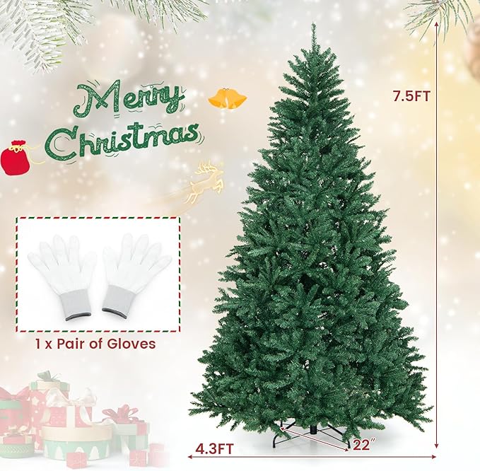 HAPPYGRILL 7.5FT Artificial Xmas Tree, Hinged Fake Xmas Tree with 2254 PVC Branch Tips, Foldable Metal Stand, A Pair of Gloves, Seasonal Decoration Tree for Home Office Party Festival