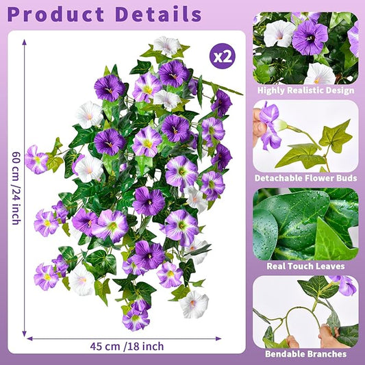 Artificial Flowers for Outdoors 2 Pack UV Resistant Petunias with Real Touch Plastic Leaves, Faux Flowers for Outdoor Planters, Silk Flowers for Outside Garden Porch Window Patio Home Decor, Purple