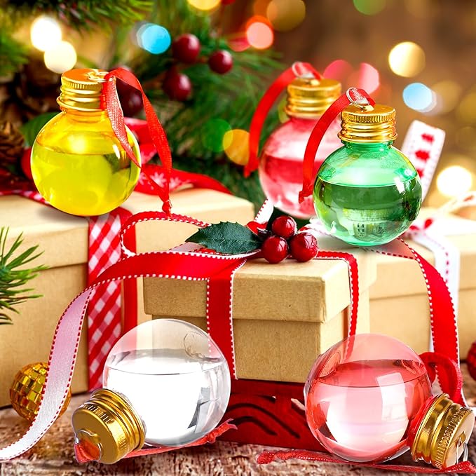 Patelai 48 Pcs Christmas Drink Balls Shot Glass Ornament Plastic Fillable Christmas Tree Ornaments Xmas Water Bottle Bulbs for Holiday Party Indoor Outdoor (Green,Red,Yellow with Gold Lid)