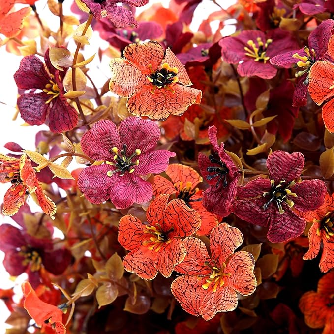 Outdoor Artificial Fall Flowers 6PCS, All Weather Fade Proof, UV Resistant Waterproof Realistic Faux Silk Mums Daisies Orange & Brown for Hanging Planters Porch Patio Balcony Deck Fence Garden Decor