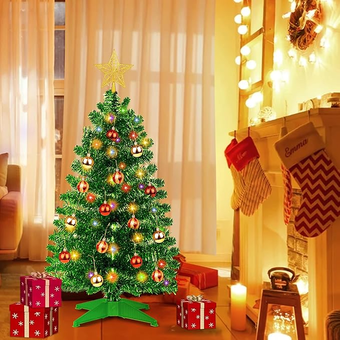 3 Ft Green Tinsel Christmas Tree Dual Color Change 12 Modes Timer DIY 50 Warm White & Multicolor Lights Star 15 Ball Ornaments Small Artificial Full Xmas Tree Battery Operated Table Home Indoor