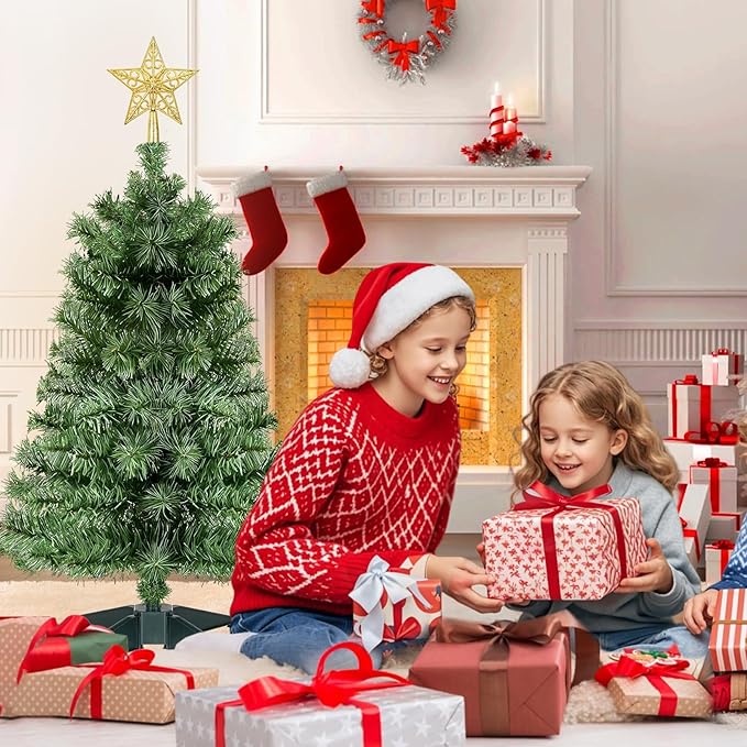 2 Pack 3 Ft Artificial Christmas Tree for Tabletop, Mini Xmas Tree with 4-Leg Stable Base for Indoor Outdoor Holiday Home Party Christmas Decorations (Green)