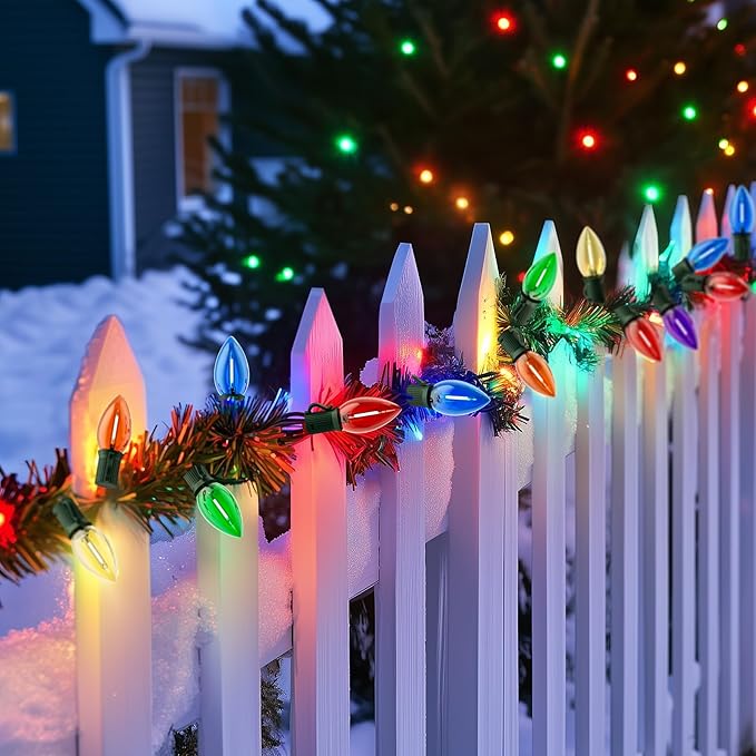 25Ft Christmas Lights Outdoor, C9 Multicolor Christmas Lights with 25 Colored LED Bulbs, Waterproof Connectable for Holiday, Xmas, Roofline, Wedding, Christmas Tree Decor- Green Wire