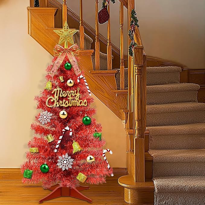 Valentines Day Decorations 3 FT Artificial Valentines Christmas Tree,Tabletop Small Christmas Tree with 50 Warm White & Multicolor Changing Lights Timer 8 Modes DIY Ball Ornaments Holiday Decoration