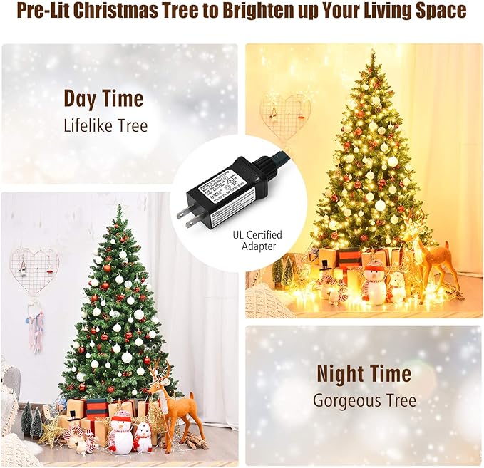 GOFLAME 6.5 FT Pre-Lit Christmas Tree with 1100 Branch Tips, Premium PVC Needles, Hinged Artificial Christmas Tree w/Sturdy Metal Stand, Pine Cones and Red Berries for Home, Office, Shops and Hotels