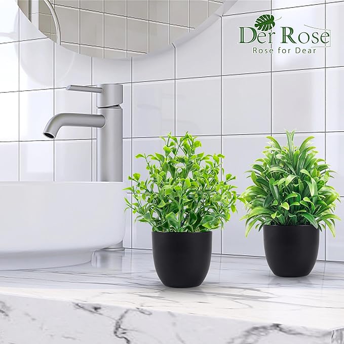 Der Rose Fake Plants 12 Pack Artificial Plants Small Faux Plants in Black Pot for Bathroom Home Office Table Decor Indoor