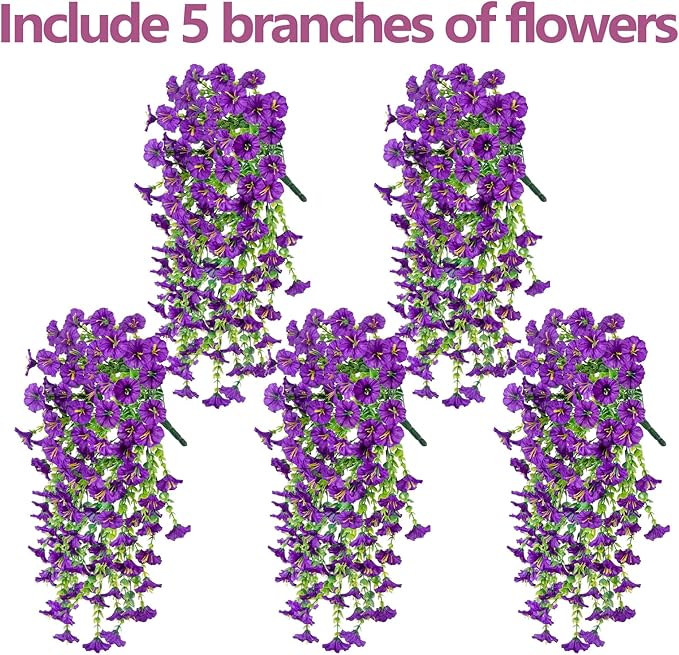 Rich and Eye-catching 5 PCS Artificial Hanging Flowers,Silk Morning Glory Faux Flowers with Eucalyptus Leaves,uv Resistant Fake Hanging Petunias Plants for Yard Decoration(Purple)