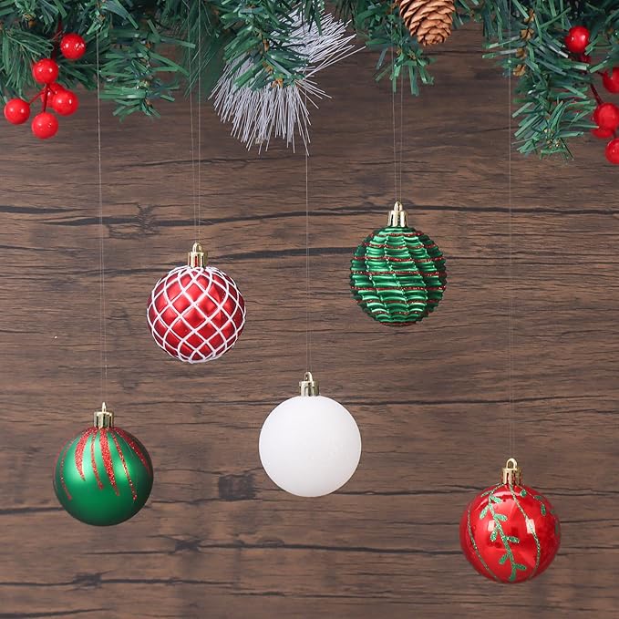 100PCS Red Green White Christmas Ornaments Set, Shatterproof Christmas Ball Ornaments Bulk, Assorted Decorations Baubles Hanging Ornaments for Christmas Trees Holiday Party Decor (Red & Green & White)