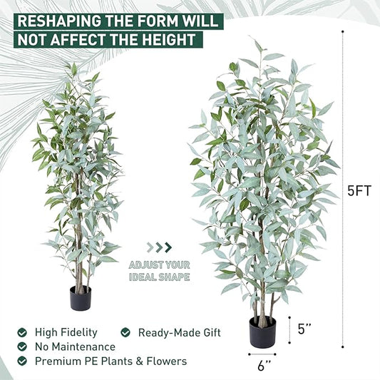 5FT Artificial Ficus Tree,Large Fake Plants with Pot,Faux Floor Plant with White Leave Fake,Artificial Plants Indoor for Home Office Decor