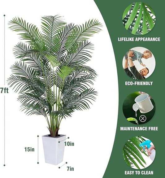 Artificial Palm Tree with White Tall Planter, 7ft Tall Potted Artificial Silk Palm Tree Plant, Fake Tropical Plant, Home Office Floor Room Decor Plants Indoor Outdoor, Housewarming Gift