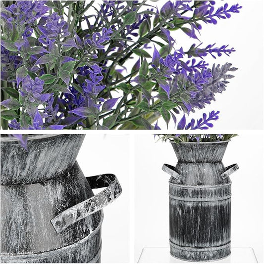 Artificial Lavender Flowers with Rustic Metal Vase 17 Inch Faux Lavender Plant Arrangement in Galvanized Planter Vintage Farmhouse Floral Decor for Home Office Kitchen Decor Wedding Table Centerpiece