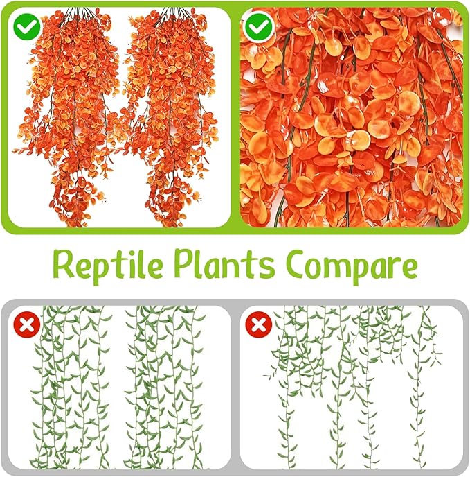 Hamiledyi Reptile Plants 5 Pcs Climbing Terrarium Plant with Suction Cup Artificial Decor for Snake Cage Bearded Dragon Tank Accessories for Lizard, Leopard Gecko, Chameleon, Snake (Orange)