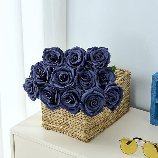 Artificial Navy Blue Flowers Silk Roses Long Stems Fake Bridal Wedding Bouquet for Home Garden Party Floral Decor 15pcs(VASE is NOT Included)