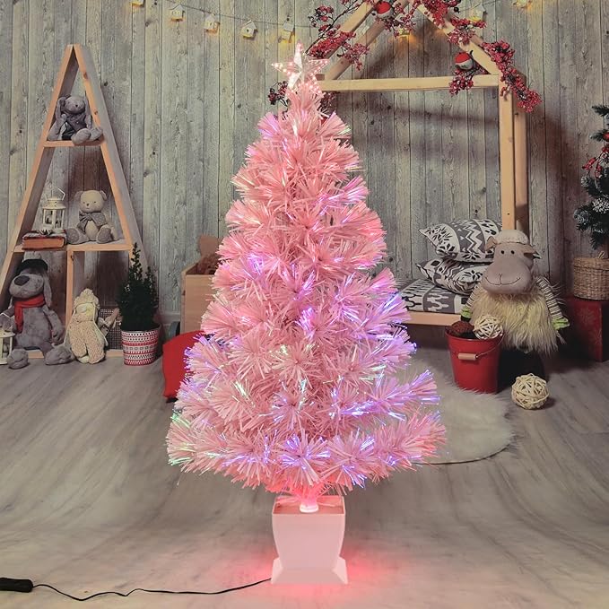 3ft Pink Fiber Optic Christmas Tree,Pre-Lit Artificial Mini Christmas Tree, Tabletop Small Xmas Tree with Stars Holiday Home Decorations
