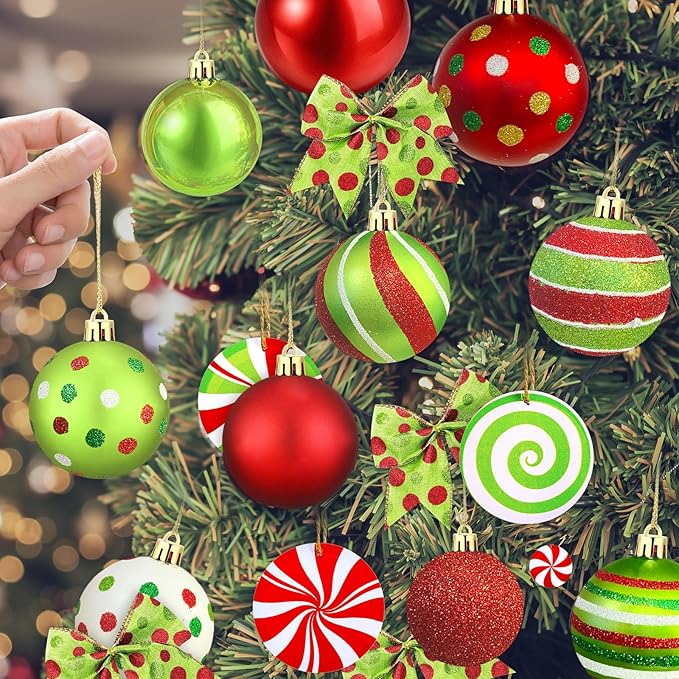 Christmas Tree Decorations Set,Christmas Ball Ornaments Glittering Plastic Hanging Decorations Elf Balls,Large Tree Topper Wreath Bow,Candy Peppermint Wood Ornaments (Red and Lime Green)