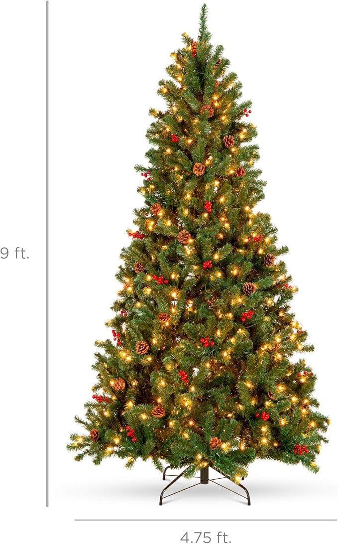 Best Choice Products 9ft Pre-Lit Pre-Decorated Spruce Hinged Artificial Christmas Tree w/ 2,128 Tips, Pinecones, Berries, 900 Lights, Metal Base