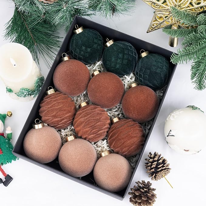 Festiva Christmas Tree Ornaments Velvet Balls - 12 Pcs Neutral/Brown/Green Shatterproof Christmas Tree Ornaments Velvet Balls, for Xmas Wedding Party Holiday Decorations (Gift Box)