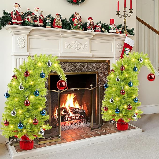 MACTING Mini Christmas Tree with 40 Lights, 2 FT Whimsical Curved Plastic Tree with Red Ball Top Christmas Tabletop Tree 8 Lighting Modes for Fireplace Desktop Home Indoor Xmas Decor(Lime Green)