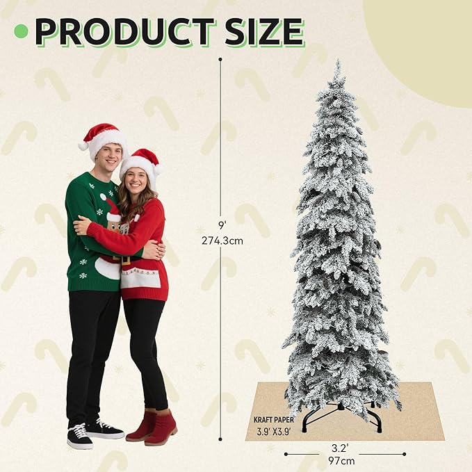 GOOBED 9ft Pre-Lit Flocked Drooping Pencil Spruce Christmas Tree with Pine Cones, Layered Spruce Design with Remote, 1642 Branch Tips and 480 Lights for Home or Office, White Flocking