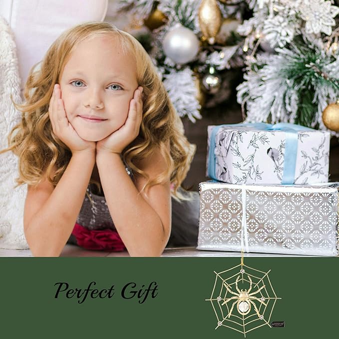 Matashi 24K Gold Plated Crystal Studded Lucky Spider Hanging Ornaments for Christmas Tree Spider Miracle Traditions, Decor - with Story of The Tradition of Tinsel Legend Spider on Web Ornament