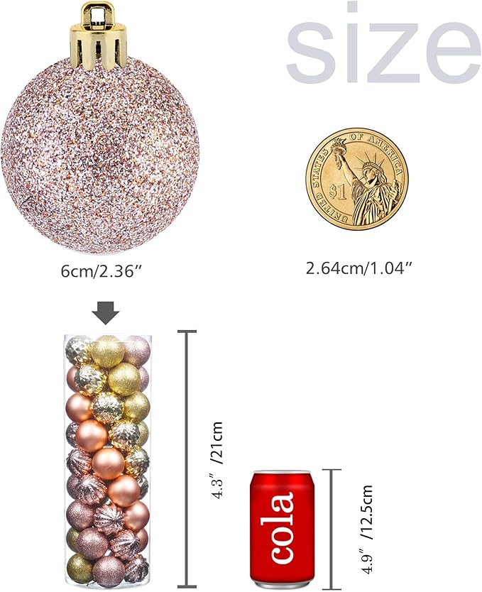 45Pcs 6cm/2.36inch Christmas Balls Glitter Ornaments Set, Shatterproof Plastic Xmas Tree Hanging Ornament, Christmas Decorations Balls for Holiday Festival Wedding House Bar Party(Rosegold/Gold)