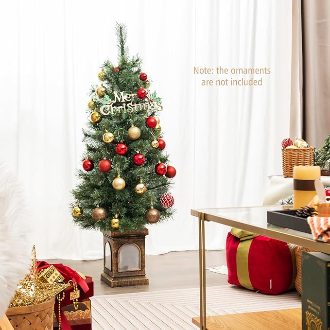 GOFLAME 4FT Pre-Lit Potted Christmas Tree Set of 2, Artificial Entrance Xmas Tree with 100 LED Lights, 116 Branch Tips, Pine Needles, Timer, Holiday Decoration Tree with 3 Lighting Modes, 4 Brightness