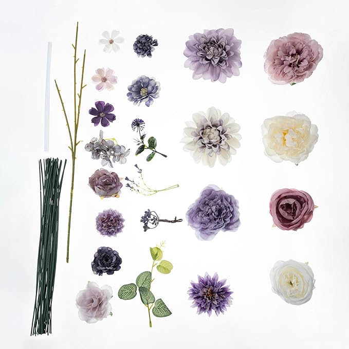 30 Pcs Artificial Flowers Combo Purple Flowers Mix Silk Flowers Dahlia Roses with Stems for DIY Wedding Bridal Bouquets, Baby Shower, Floral Arrangement, Table Centerpieces, Home Decorations