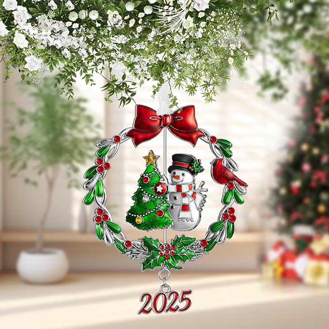 2025 Snowman Christmas Tree Ornament Metal Silver Hanging Rotatable Design Charm Holiday Decorative Pendant Gift Keepsake (Bow)