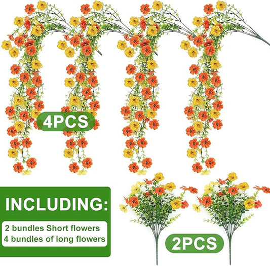 Artificial Flowers for Outdoors 6PCS,All Weather Fade Proof, UV Resistant Waterproof Realistic Faux Silk Mums Daisies Yellow & Orange for Hanging Planters Porch Patio Balcony Deck Fence Garden Decor