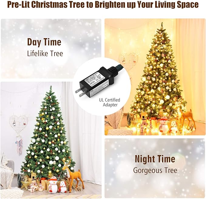 GOFLAME 7.5FT Pre-Lit Christmas Tree with 1526 Branch Tips, Premium PVC Needles, Hinged Artificial Christmas Tree w/Sturdy Metal Stand, Pine Cones and Red Berries for Home, Office, Shops and Hotels