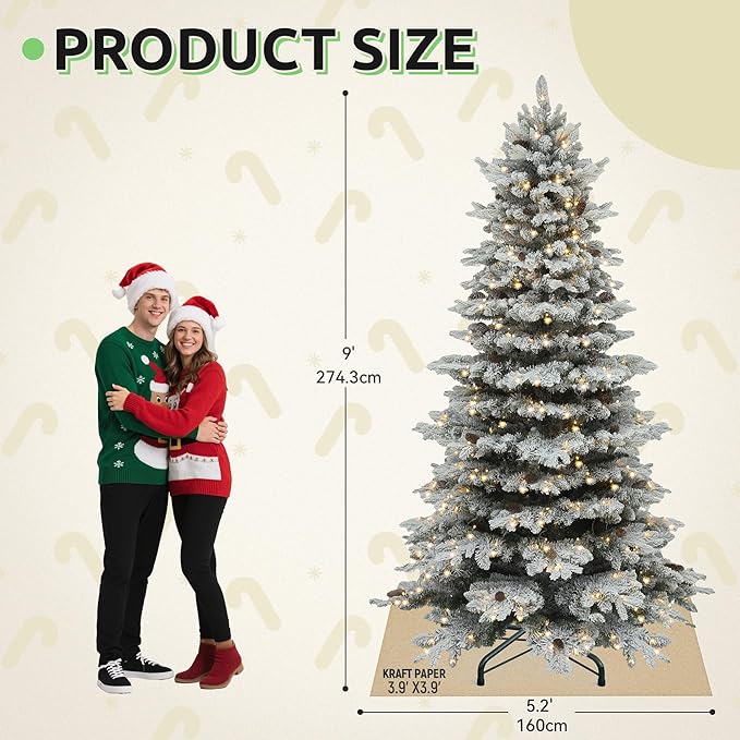 GOOBED 9FT Pre-Lit Flocked Spruce Christmas Tree with 820 Lights & 1818 Tips, Pre-Decorated Mountain Pine Layered Spruce Christmas Tree w/Remote, 11 Modes & 3 Timers for Home, Porch & Holiday Decor