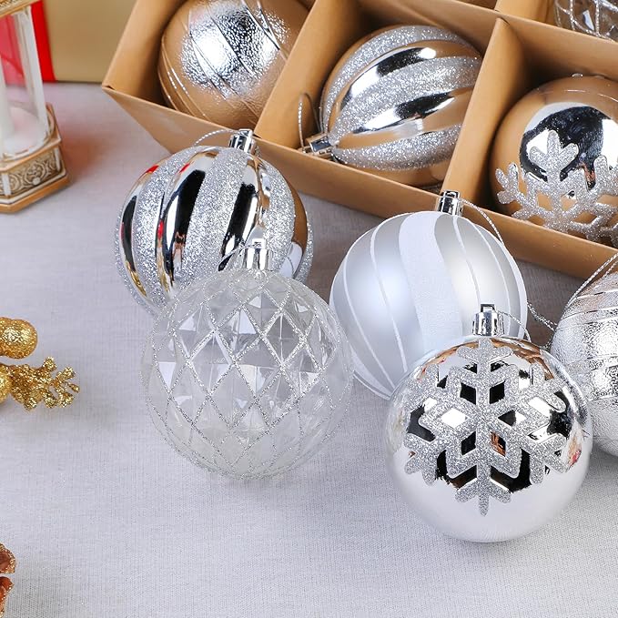 SHareconn 80mm Christmas Balls Ornaments,12PCS Colored Shatterproof Plastic Decorative Hanging Tree Decorations Baubles Set for Xmas Tree Holiday Party Wedding Decoration with Lanyard, Silver&White