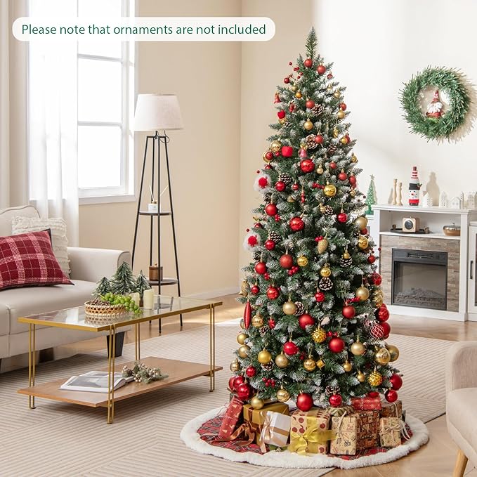 GOFLAME 6FT Pre-Lit Pencil Christmas Tree, Artificial Xmas Tree with 618 Branch Tips, 33 Pine Cones, 32 Clusters of Red Berries & 280 Warm White LED Lights, Holiday Decoration Tree for Home Party