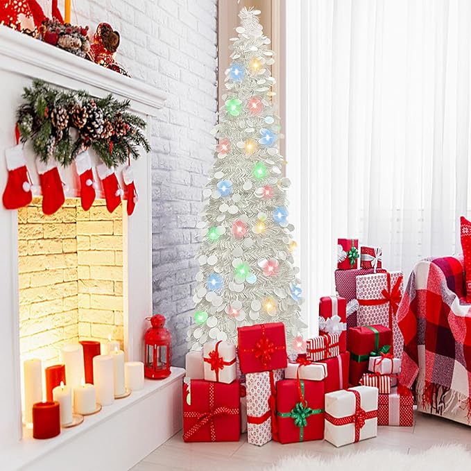 BTU Pop Up Christmas Tree, 5FT Collapsible Artificial Christmas Tree with 90 LED Lights, Tinsel Small Pencil Christmas Tree for Home Holiday Fireplace Party Indoor Outdoor Xmas Decorations (White)