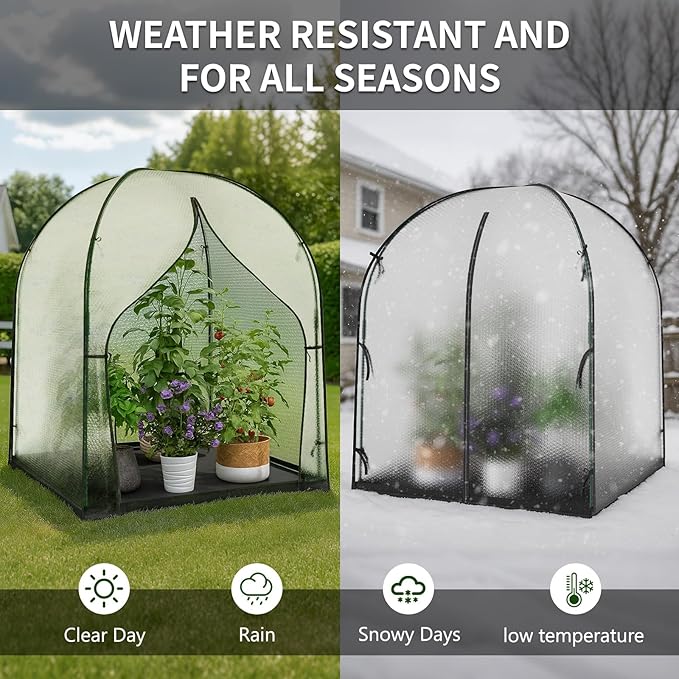 SUNYRISY Greenhouse for Outdoor with Waterproof Mat, Thick Bubble Film Cover Portable Small Mini Green House Kit for Outside, Plant Cover for Winter Plant Freeze Protection, 59" L x 59" W x 75" H