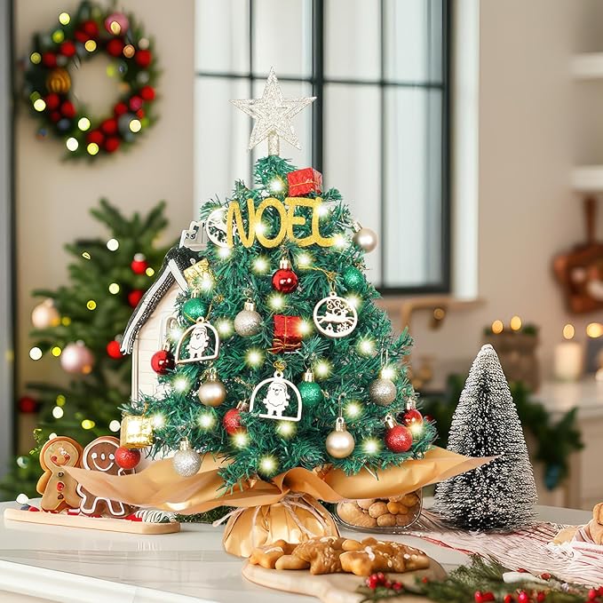 Wangchao Craft 20" Tabletop Mini Christmas Tree Set with LED Light, Star Treetop, Ornaments Balls, Table Top Small Christmas Tree, Best DIY Christmas Decorations Green