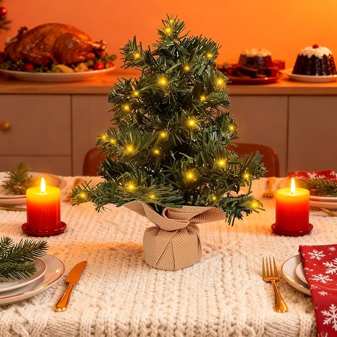 Tabletop Christmas Tree 11.81Inches Mini Artificial Christmas Tree with LED String Lights, Tabletop Small Xmas Tree for Holiday Indoor Christmas Decorations Green