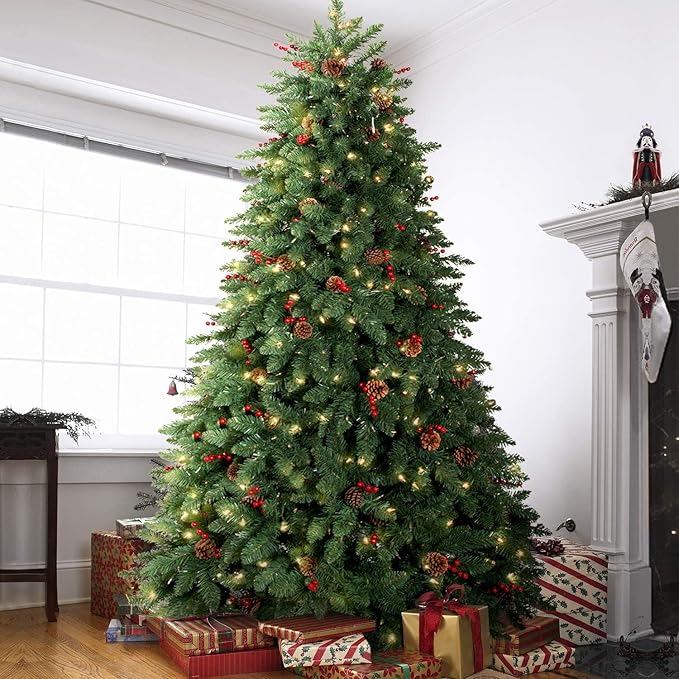 10FT Prelit Christmas Tree Tall, Artificial Christmas Tree Pre-Decorated with Pinecones and Berries (1000 Clear Warm Lights and Realistic 3200 Thicken Tips, Sturdy Metal Base)