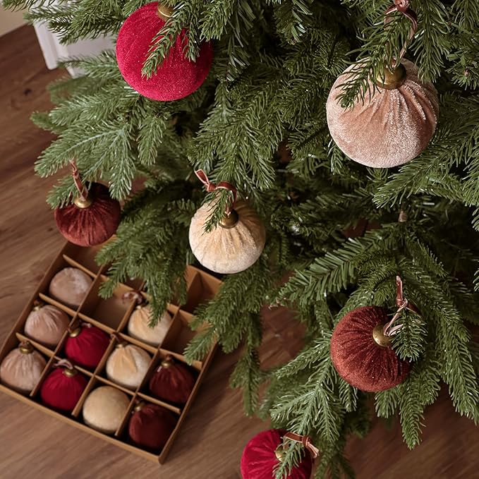 Christmas Decorations Indoor Tree Ornaments: 16pcs Large Red Brown Velvet Christmas Decorations, 3.15" Red Brown Beige Xmas Ball Ornament Decor for Tree Fireplace Garland, Kids Home School Office